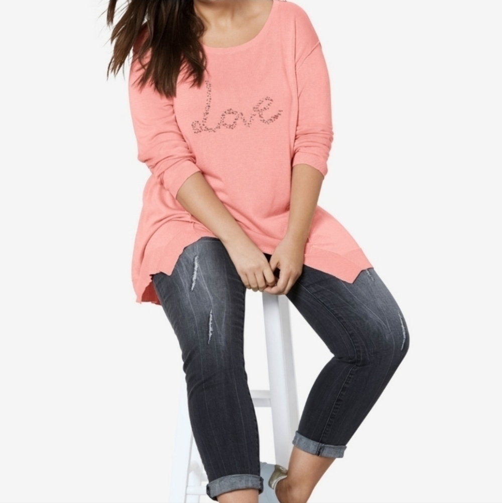 ELLOS Beaded LOVE Hanky Hem Sweater - Picture 1 of 9